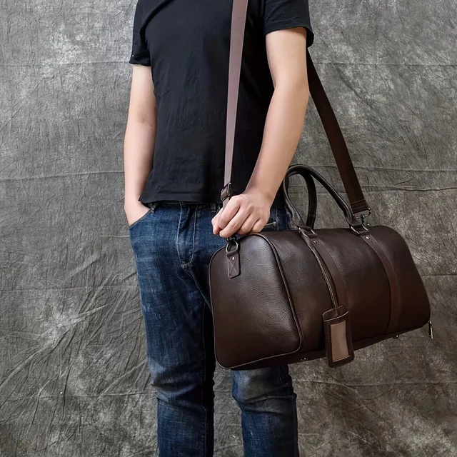 Spacious travel bag made of beef leather for short trips with a shoe compartment, men's and women's