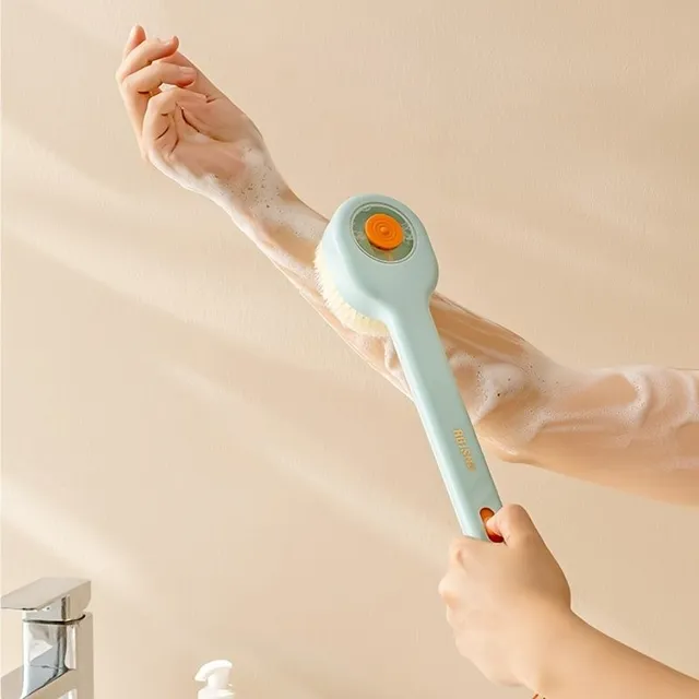 Bath brush with long handle and soap dispenser - shower brush for back and body