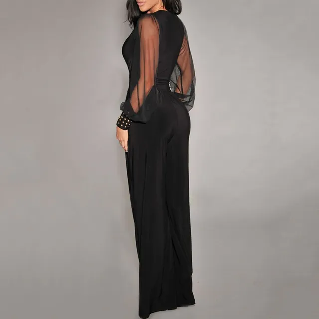 Women's fashionable sexy jumpsuit with V-neckline, shimmering semi-transparent mesh, wide legs and pockets