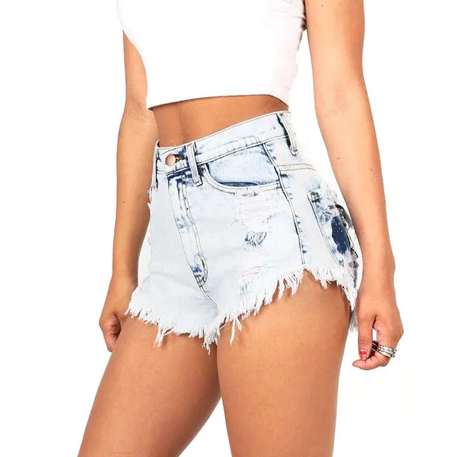 Women's frayed denim shorts with holes in their pockets