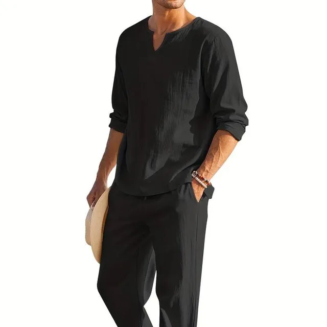 Men's 2-piece cotton and linen set - Casual V-neck shirt and drawstring trousers for summer and autumn