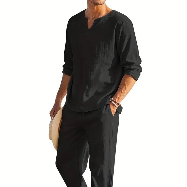 Men's 2-piece cotton and linen set - Casual T-shirt with V neckline and trousers with drawstring for summer and autumn