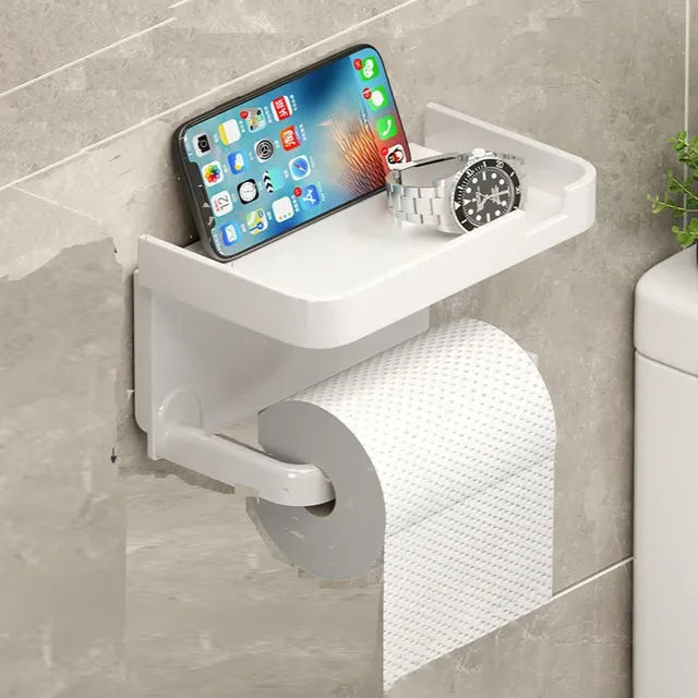 Wall holder of toilet paper with storage space and storage tray for telephone