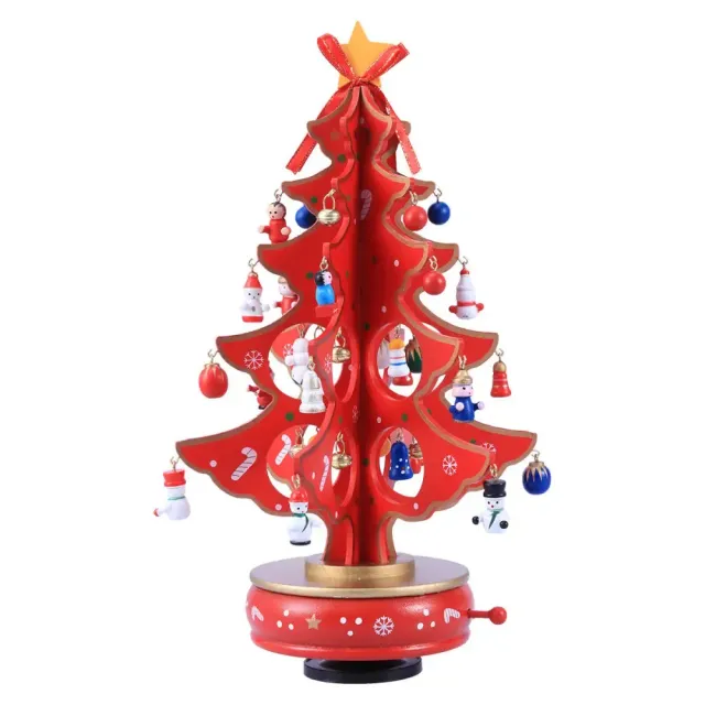 Kreatívna hracia skrinka z dreva v tvare vianočného stromčeka s postavami