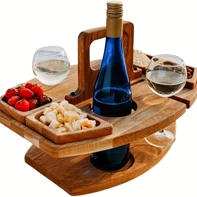 Folding picnic table with wine holders and wooden snack tray