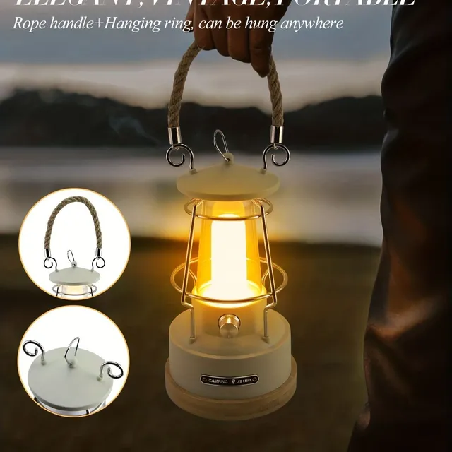 1pc Vintage rechargeable camping lantern, 370LM dimmable LED, battery flashlight, waterproof LED retro lights for camping, power outages, hurricane, home decoration