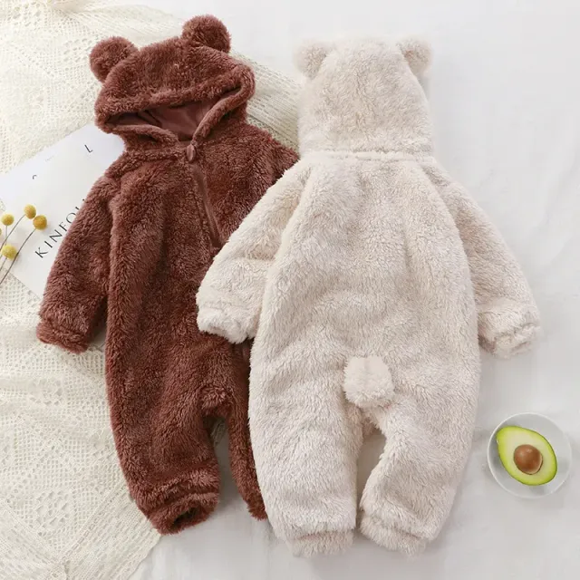 Zimný plnené novorodenec overal s kapucňou a medveďa uši a chvost