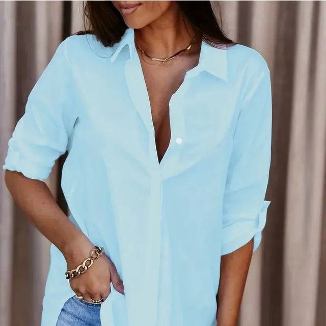 Women's V-neck shirt, solid colour, buttoned, long sleeves, casual style