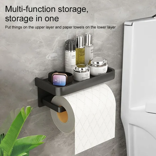 Toilet paper holder with shelf - Bathroom tray for toilet paper, wall dispenser for paper, bathroom shelf for paper, bathroom accessories, storage space and organization in the bathroom