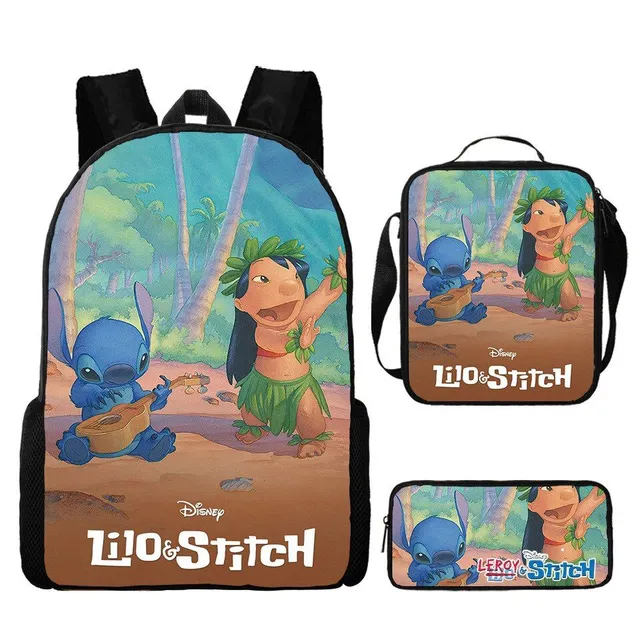 Set pentru copii cu 3 piese școlare cu motivele personajelor animate preferate Lilo și Stitch Rucsac / Geantă peste umăr / Penar