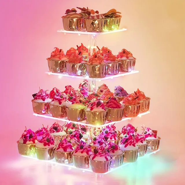Pedestal cupcake - 4 poschodia z akrylu s LED svetlom na narodeniny, cukroví bar, svadby, večierky a akcie