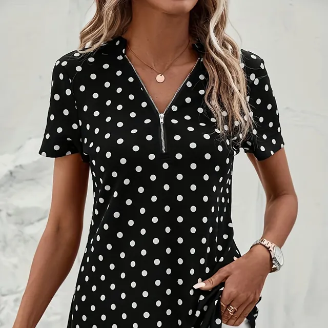 Blush with round neckline and polka dots, elegant short blouse zipper for women's clothing