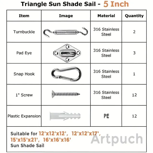 Mounting set for sun sails, stainless steel 304, accessories for triangular sail, 12.7 cm