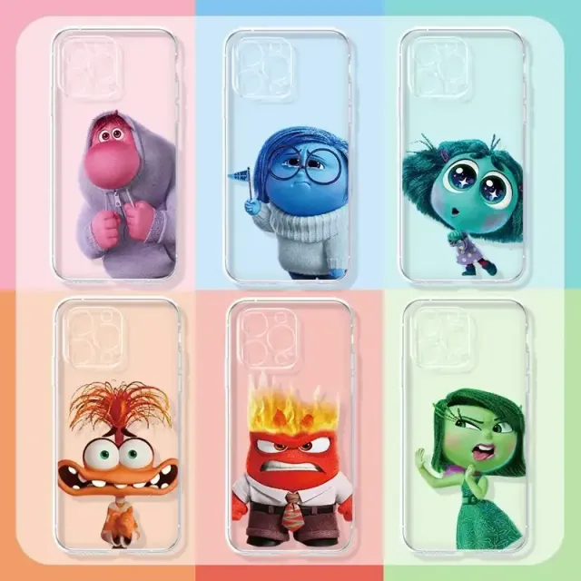 Divatos, átlátszó iPhone borító a Inside Out 2 című mese különböző motívumaival