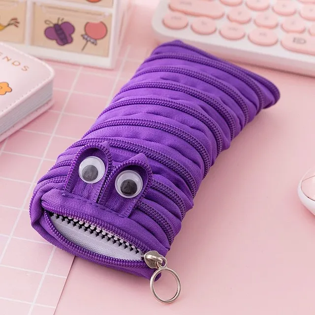 Original modern one-colour funny school pencil case in the shape of a cute worm with moving eyes