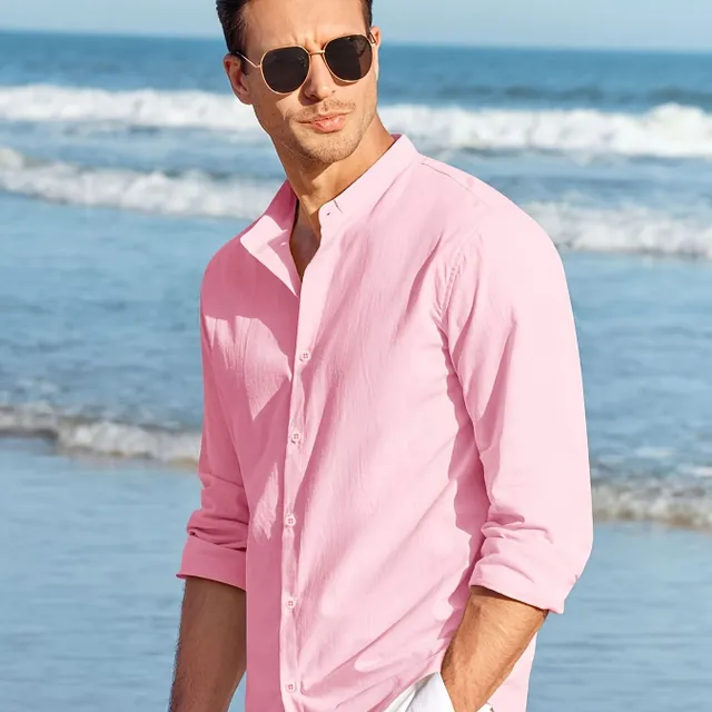 Men's shirt with long sleeve and collar type stand, monochrome, cotton-lined fabric, casual and elegant