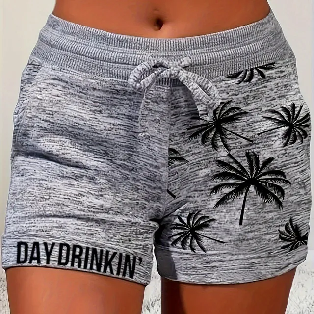 Shorts with coconut palm and waistline printing, lager shorts with double pockets - Women's clothing