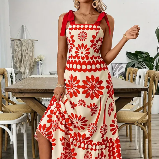 Summer maxi dress with ethnic print and tied shoulder