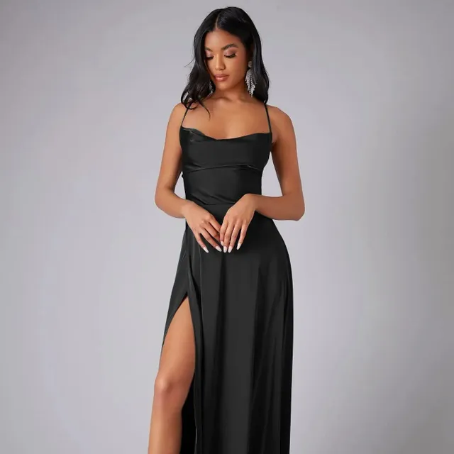 Elegant ladies' evening maxi dress with corset, exposed back and slit