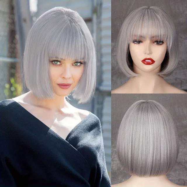 Women's wig: White, short straight bob with bang, natural synthetic fiber, for everyday wear - Hair extension and replacement