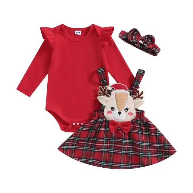 Dětské dívčí podzimní oblečení roztomilý zvířecí vzor dlouhé rukávy rompers a sukně s šlemi čelenka podzimní outfity