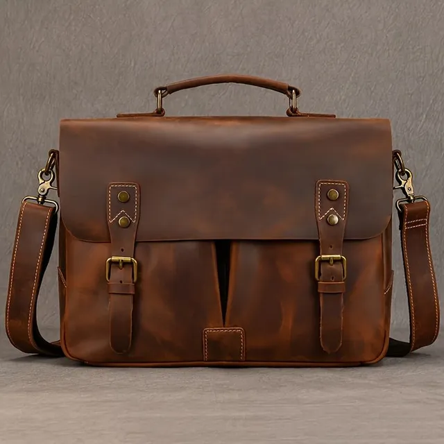 Vintage Men's Briefcase From Right Beef Leather, Bag On Notebook, Leather Handbag Crazy Horse