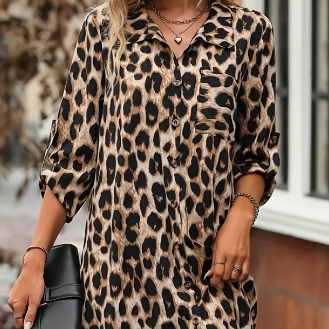 Robe à motif léopard avec boutons, robe confortable à manches 3/4 pour femmes