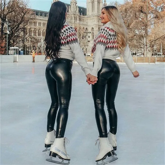 Women's black leather leggings with high waist