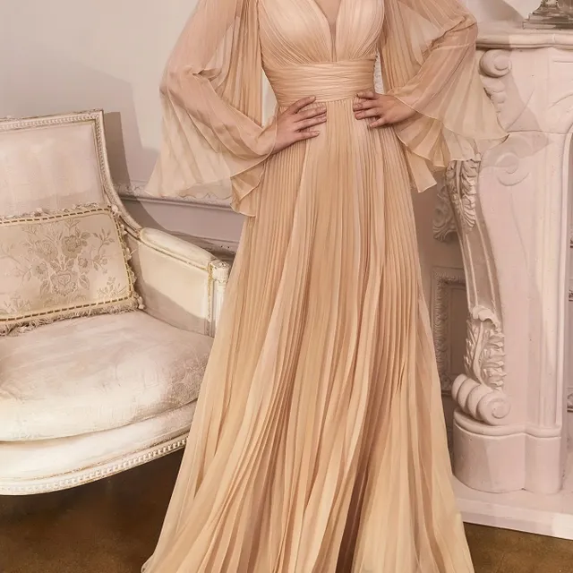 Elegant wedding dress for full-length women with deep V-shaped neckline, bell sleeves and a splashy long skirt