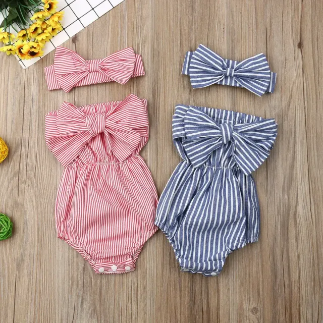 Children's overall with bow and stripe pattern + headband