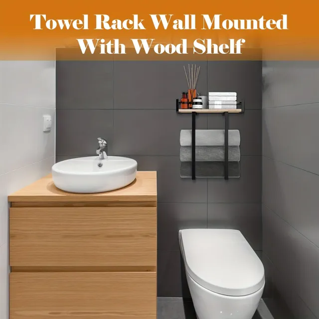 1pc Wall towel holder for bathroom, metal towel holder with wooden foldable surface - Organizer for bathroom, decoration or caravan