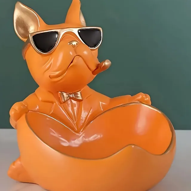 Decorative storage bowl with a statue of a bulldog made of resin, for keys and small things