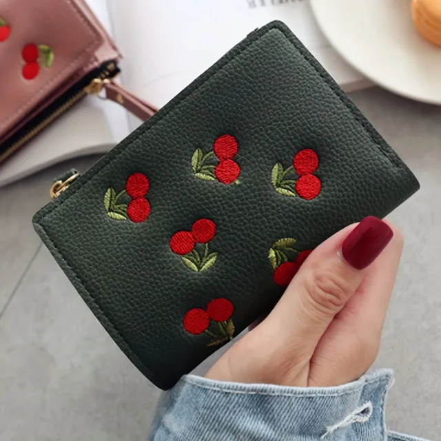 Cherry embroidered coin box wallet, zipper case