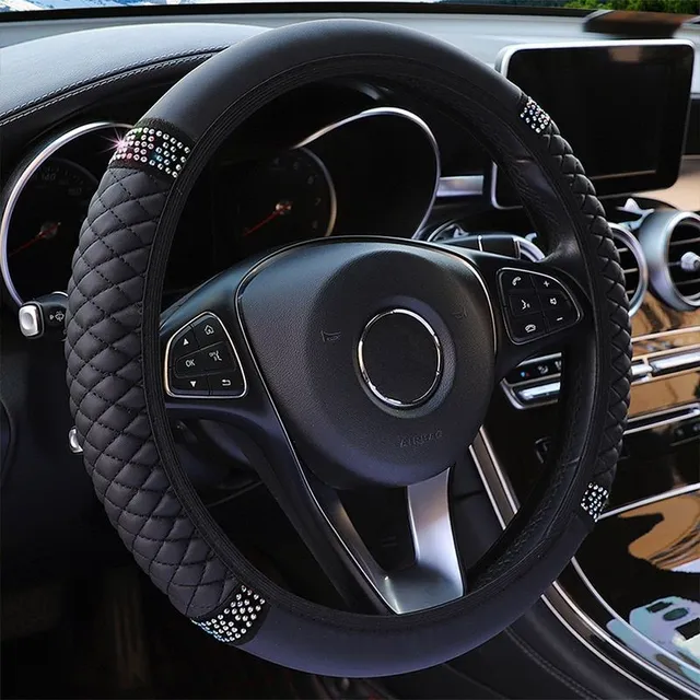 Luxury quilted steering wheel cover with rhinestones