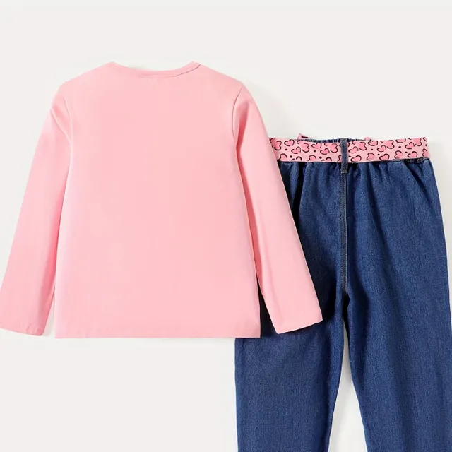 3-piece set for girls - Long Sleeve with printing + Torn jeans with belt