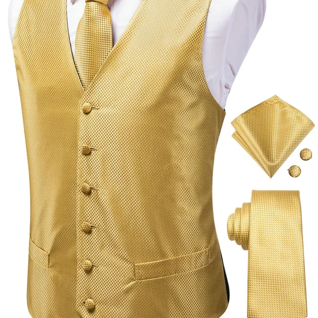 Male vintage sleeveless vest with elegant cut and floral pattern, formal set - vest, tie, cuff links and handkerchiefs