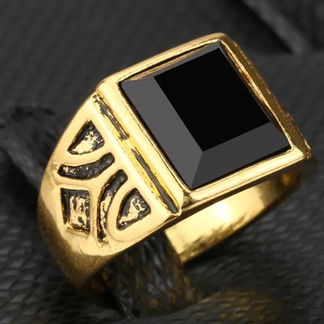 Men's gold plated ring with black stone