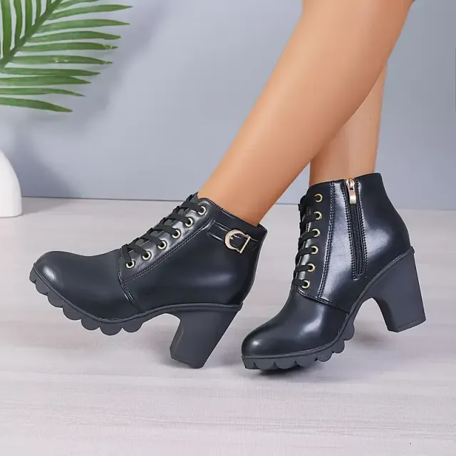 Damen Ankle Boots mit robustem Absatz, Schnalle und seitlichem Reißverschluss (hohe Absätze)