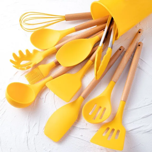 Ensemble de 12 pièces d'ustensiles en silicone, ensemble de cuisine kaki avec poignée en bois, ustensiles de cuisson sécurisés, ustensiles de cuisine avec surface antiadhésive, vaisselle moderne lavable, accessoires de cuisine, fournitures de cuisine, fournitures scolaires, retour à l'école