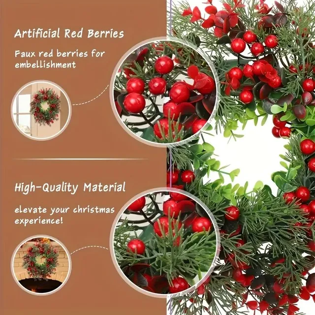 Christmas wreath with red berries and artificial eucalyptus