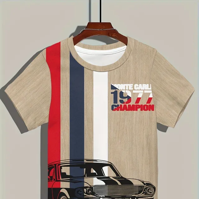 Men's striped T-shirt with car printing, casual with short sleeve and round neckline for outdoor wearing