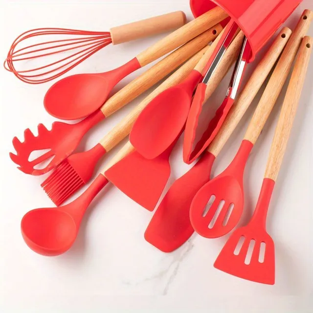 Ensemble de 12 pièces d'ustensiles en silicone, ensemble de cuisine kaki avec poignée en bois, ustensiles de cuisson sécurisés, ustensiles de cuisine avec surface antiadhésive, vaisselle moderne lavable, accessoires de cuisine, fournitures de cuisine, fournitures scolaires, retour à l'école