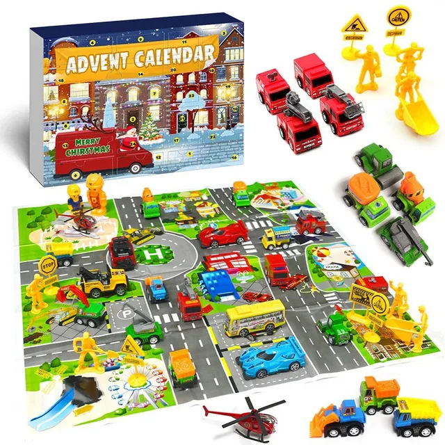 Christmas advent calendar with different cars on the carpet with road