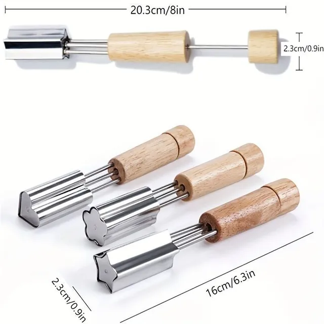 Multi-functional set of excavators: 3 pieces of cookies, fruit and vegetables made of stainless steel with wooden handle for fun and easy decorating