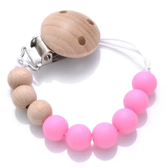 Wooden pacifier clip with silicone bite and round beads