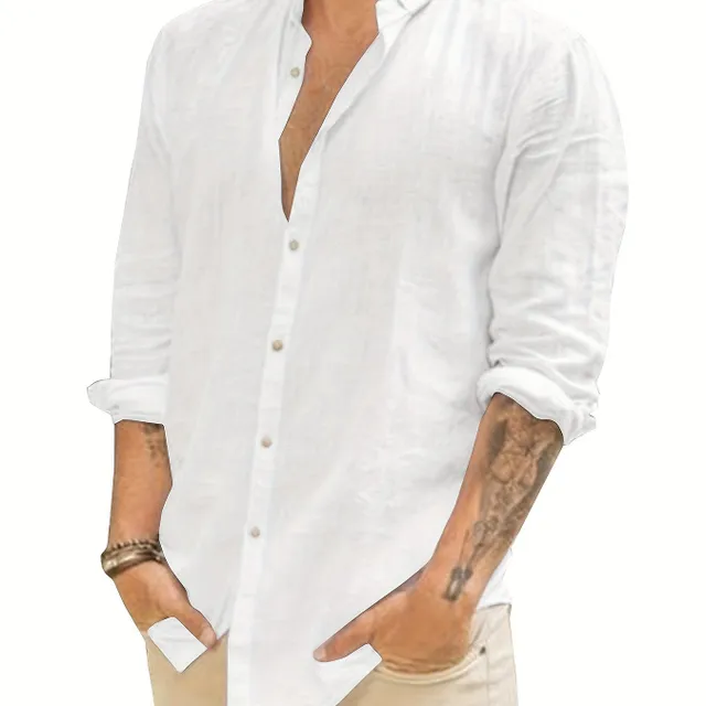 Men's shirt with long sleeve and collar type stand, monochrome, cotton-lined fabric, casual and elegant