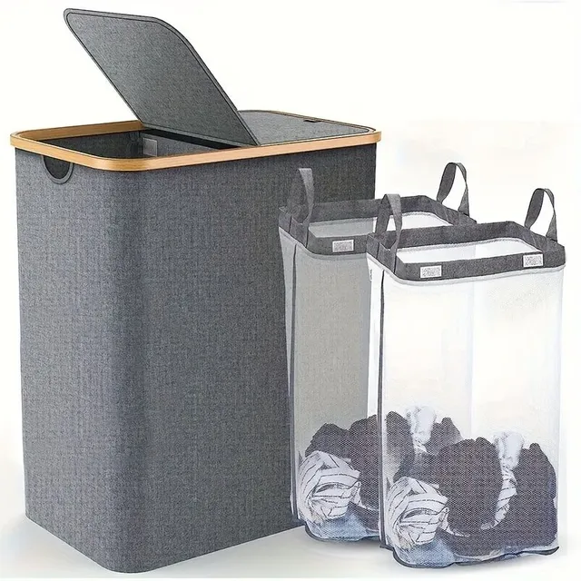 1pc Two-layer Basket On Laundry With lid, Big Basket On Laundry With lid, Basket On Dirty Laundry With 2 Small Bags On Laundry Inside, Removable and Washable Inner Bag, Foldable Basket On Dirty Laundry, Which Saves Place, Organisation Laundry Do Bedroom