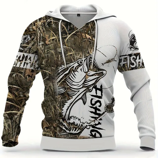 Men's casual sweatshirt with hood and 3D printing of a fishing pattern