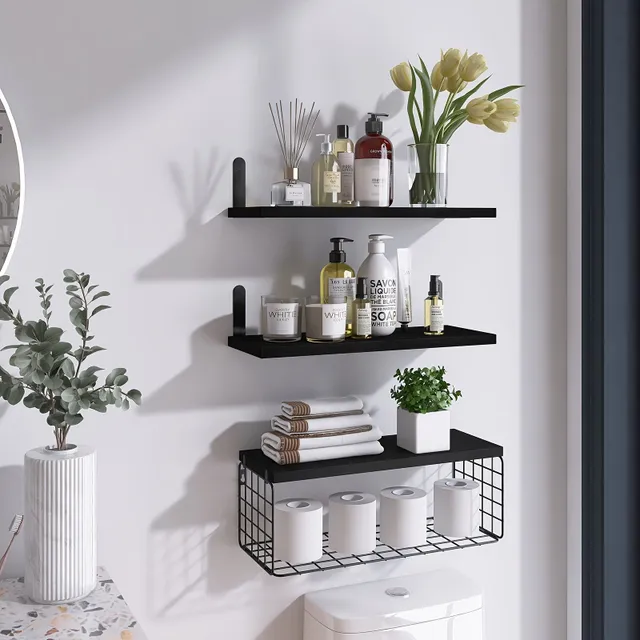 1 set of bathroom shelves above toilet, black floating bathroom shelves wall with wire basket, wooden floating shelves for wall decoration, bathroom wall shelves, wall shelves for bathroom