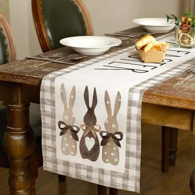Luxury handwoven table runner with embroidery of Easter eggs and bunnies Michaela